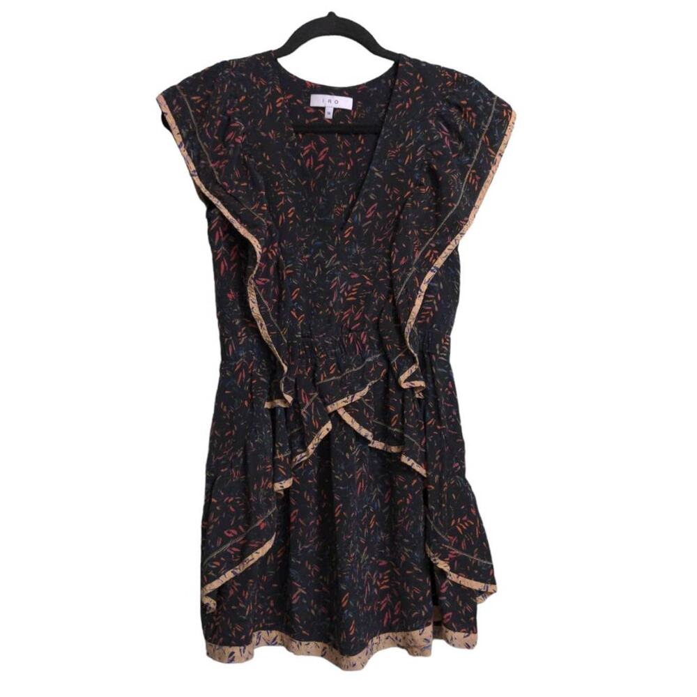 IRO Womens Jicka A Line Dress Black Abstract Mini V Neck Cap Sleeve 100% Silk 36